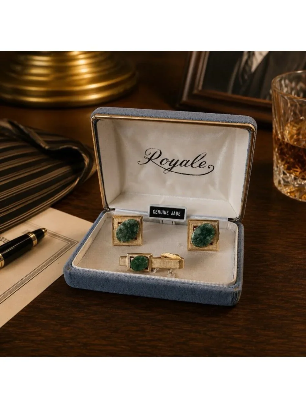 Vintage Shields Green Jade Gold Tone Cufflinks Tie Clip Set with Box Mid Century